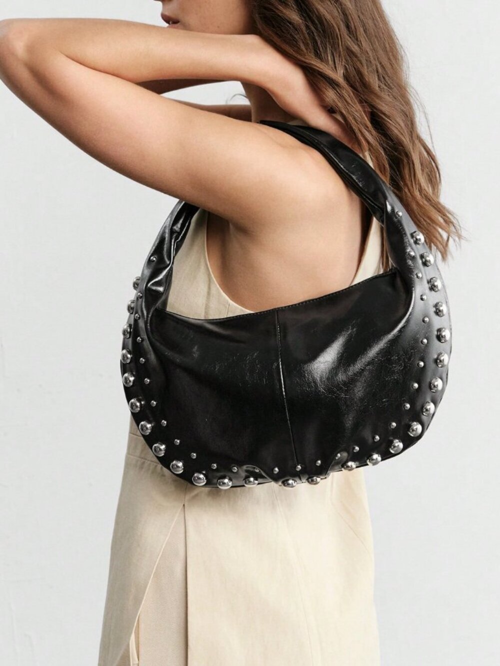 Black faux leather Casual Women's Studded Shoulder Bag